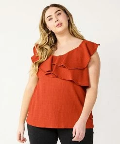 Plus Size Nine West Sleeveless Ruffle Detail Top Light Bronze -Nine West Shop unnamed file 3696