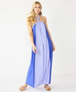 Petite Nine West Halter Neck Colorblock Maxi Dress Clematis Blue Combo