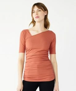 Petite Nine West Elbow-Sleeve Ruched Asymmetrical Top Black