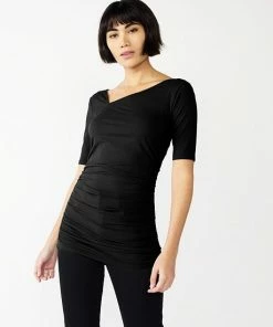 Petite Nine West Elbow-Sleeve Ruched Asymmetrical Top Black -Nine West Shop unnamed file 3822