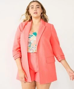 Plus Size Nine West Ruched Sleeve Open Front Blazer Cruz Coral
