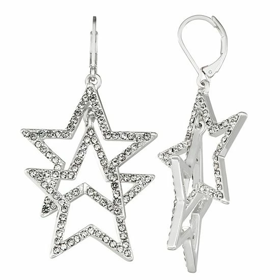 Nine West Silver Tone & Simulated Crystal Double Star Drop Earrings 1 Nine West Silver Tone & Simulated Crystal Double Star Drop Earrings