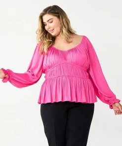 Plus Size Nine West Long Sleeve Sweetheart Peplum Top Mineral Black