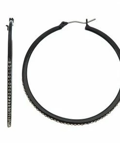 Nine West Black Tone & Simulated Crystal Hoop Earrings