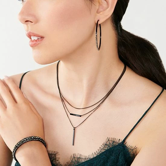 Nine West Black Tone & Simulated Crystal Hoop Earrings 3 Nine West Black Tone & Simulated Crystal Hoop Earrings - Image 3