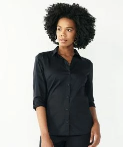 Petite Nine West Long Sleeve Structured Shirt Black -Nine West Shop unnamed file 4126