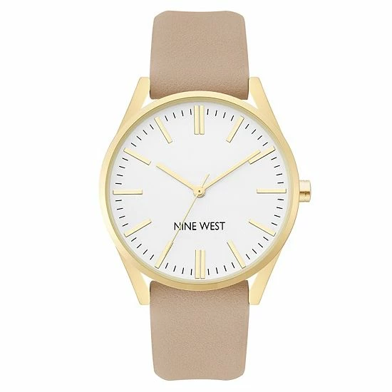 Nine West Women's Faux Leather Strap Watch Gold Tone Tan 8 Nine West Women's Faux Leather Strap Watch Gold Tone Tan - Image 8