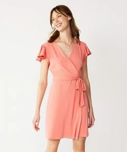 Petite Nine West Flutter Sleeve Faux-Wrap Dress Mineral Black