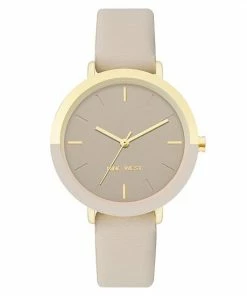 Nine West Women's Tan Faux Leather Strap Watch With Two Tone Case