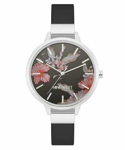 Nine West Women's Black Strap Watch With Flower Dial
