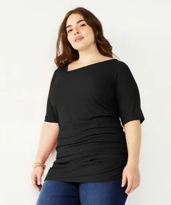 Plus Size Nine West Elbow Sleeve Rib Ruched Top Mineral Black
