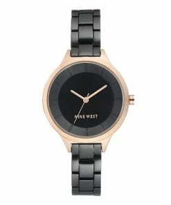 Nine West Women's Black Bracelet Watch With Rose Gold Tone Case