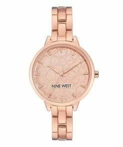 Nine West Women's Rose Gold Tone Bracelet Watch With Etched Flower Dial