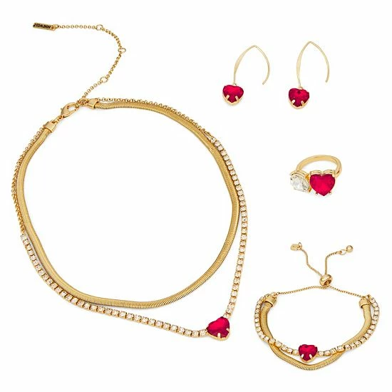 Nine West Gold Tone Red Crystal Heart Drop Earrings 3 Nine West Gold Tone Red Crystal Heart Drop Earrings - Image 3