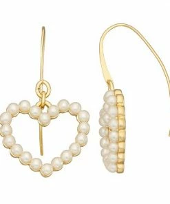 Nine West Gold Tone Simulated Pearl Heart Threader Earrings