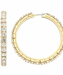 Nine West Gold Tone Crystal Pave Hoop Earrings