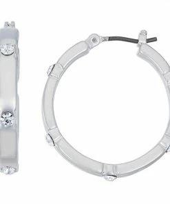 Nine West Silver Tone Small Hoop Earrings With Simulated Crystal Accents