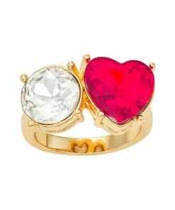 Nine West Gold Tone Clear & Red Crystal Heart Ring