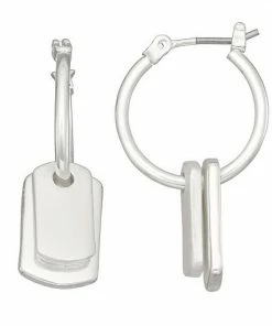 Women's Nine West Silver Tone Dog Tag Drop Click-It Hoop Earrings