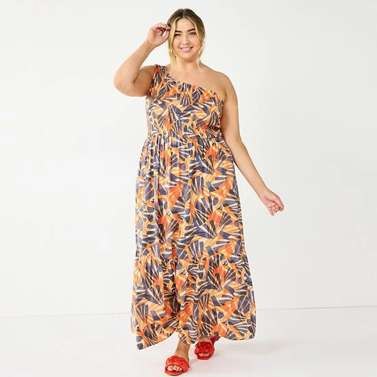 Plus Size Nine West One-Shoulder Smocked Maxi Dress Abstract Fronds 3 Plus Size Nine West One-Shoulder Smocked Maxi Dress Abstract Fronds - Image 3
