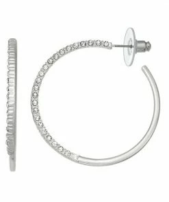 Nine West Silver Tone C Pave Hoop Earrings