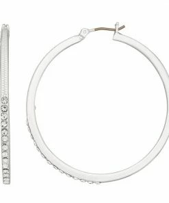 Nine West Silver Tone Pave Click It Hoop Earrings