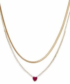 Nine West Gold Tone Red & Clear Crystal Heart Double-Strand Necklace