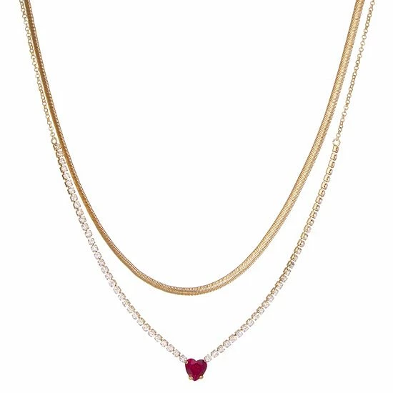 Nine West Gold Tone Red & Clear Crystal Heart Double-Strand Necklace 1 Nine West Gold Tone Red & Clear Crystal Heart Double-Strand Necklace