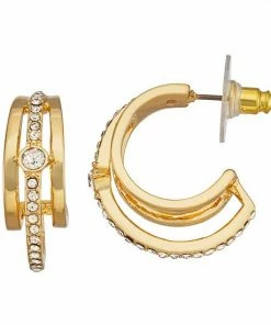 Nine West Gold Tone Pave Post Hoop Earrings