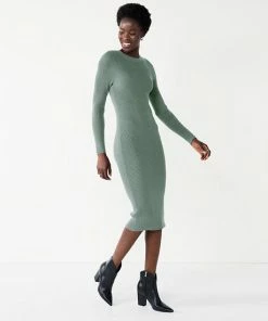 Women's Nine West Long Sleeve Crewneck Dress Signature Green