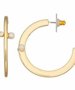 Nine West Gold Tone Simulated Pearl C Hoop Earrings