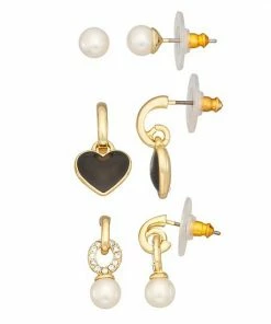 Nine West Gold Tone Simulated Pearl & Heart Drop Earrings Trio Set