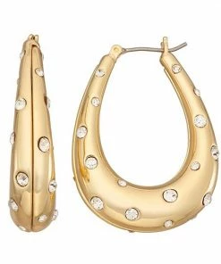 Nine West Gold Tone Crystal Oval Hoop Earrings