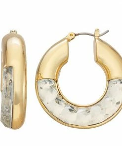 Nine West Gold Tone Crystal Faceted Hoop Earrings