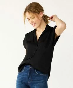 Women's Nine West Short Sleeve Easy Lapel Shirt Black -Nine West Shop unnamed file 570