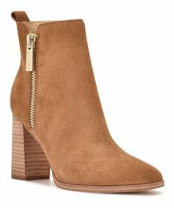 Nine West Dips Women's Suede Block Heel Ankle Boots Cognac Suede