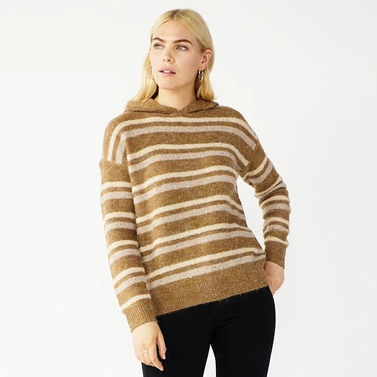Women's Nine West Shine Hooded Sweater Cognac Sequin Stripe 1 Women's Nine West Shine Hooded Sweater Cognac Sequin Stripe