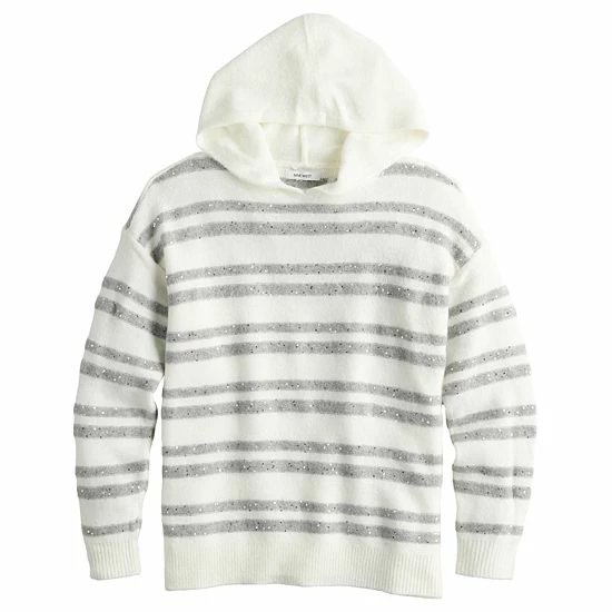 Women's Nine West Shine Hooded Sweater Cognac Sequin Stripe 3 Women's Nine West Shine Hooded Sweater Cognac Sequin Stripe - Image 3