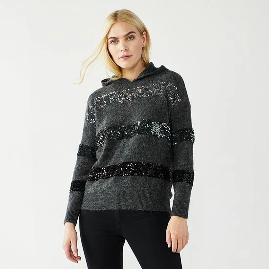 Women's Nine West Shine Hooded Sweater Cognac Sequin Stripe 4 Women's Nine West Shine Hooded Sweater Cognac Sequin Stripe - Image 4