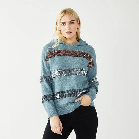 Women's Nine West Shine Hooded Sweater Cognac Sequin Stripe 5 Women's Nine West Shine Hooded Sweater Cognac Sequin Stripe - Image 5