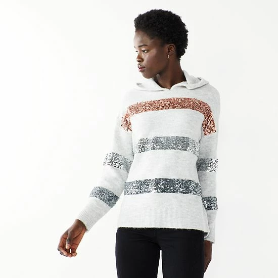 Women's Nine West Shine Hooded Sweater Cognac Sequin Stripe 6 Women's Nine West Shine Hooded Sweater Cognac Sequin Stripe - Image 6