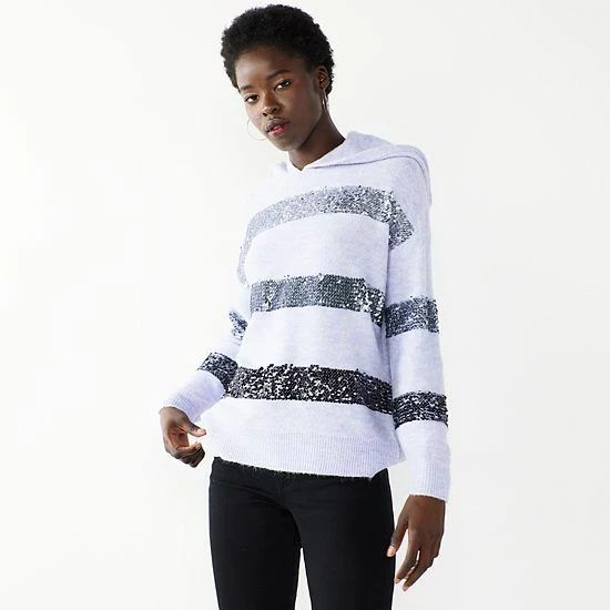 Women's Nine West Shine Hooded Sweater Cognac Sequin Stripe 7 Women's Nine West Shine Hooded Sweater Cognac Sequin Stripe - Image 7