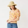 Women's Nine West Twist Front Puff Sleeve Top White Palm Leaves