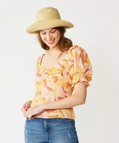 Women's Nine West Twist Front Puff Sleeve Top White Palm Leaves