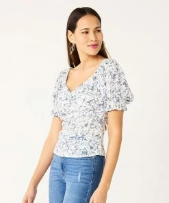 Women's Nine West Twist Front Puff Sleeve Top White Palm Leaves -Nine West Shop unnamed file 6101