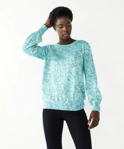 Women's Nine West Crewneck Long Sleeve Top Blue Scribble Floral