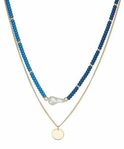 Nine West Gold Tone Blue Beaded Coin Pendant Necklace