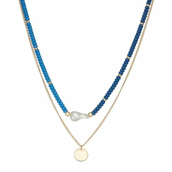 Nine West Gold Tone Blue Beaded Coin Pendant Necklace 1 Nine West Gold Tone Blue Beaded Coin Pendant Necklace