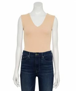 Women's Nine West Rib Wide Strap V-Neck Bodysuit Philip Brown