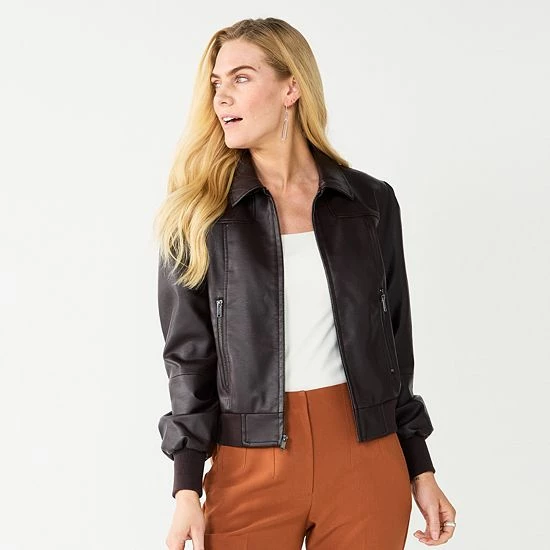 Women's Nine West Faux-Leather Aviator Jacket Mineral Black 4 Women's Nine West Faux-Leather Aviator Jacket Mineral Black - Image 4